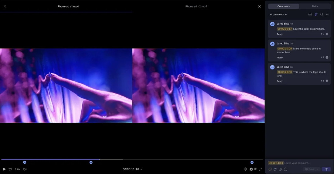 Visual for this record: Frame.io documents comparing versions, not editing them